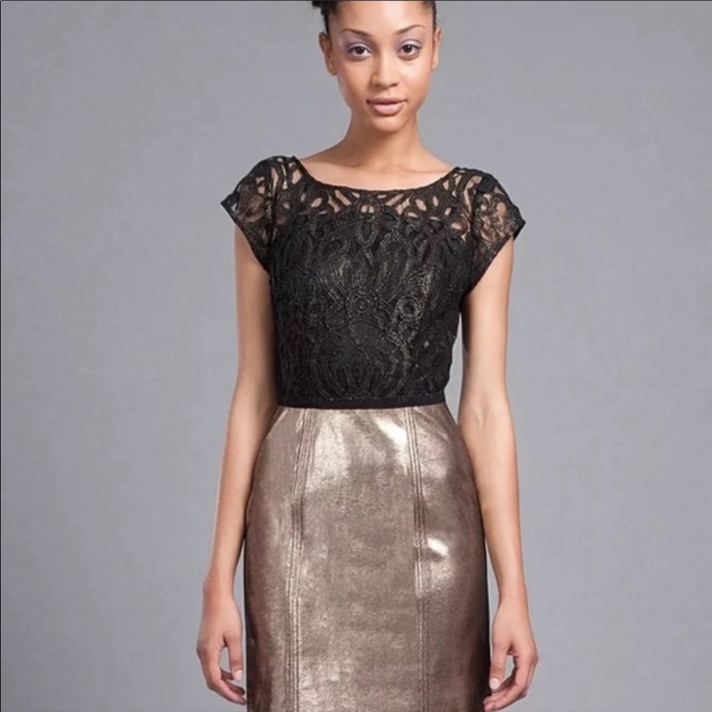 Frock By Tracy Reese Morgan Holiday Dress Gold Leather And Black Lace Sz 6